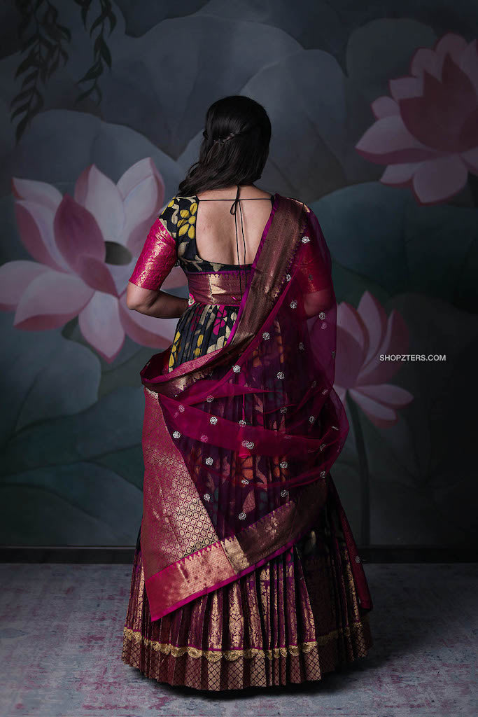 Black Banarasi Silk Dress With Pink Net Dupatta