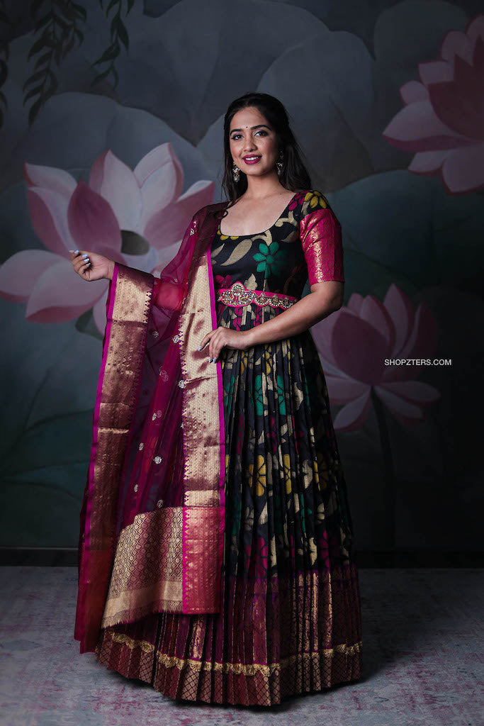 Black Banarasi Silk Dress With Pink Net Dupatta