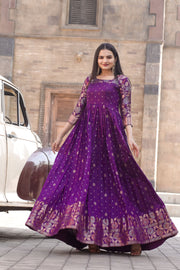 Boat Neck And Banarasi Zari Weaving Ethnic Gown