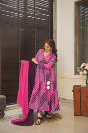 Cross Striped Double Coloured Leheriya Suit Set