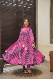 Cross Striped Double Coloured Leheriya Suit Set