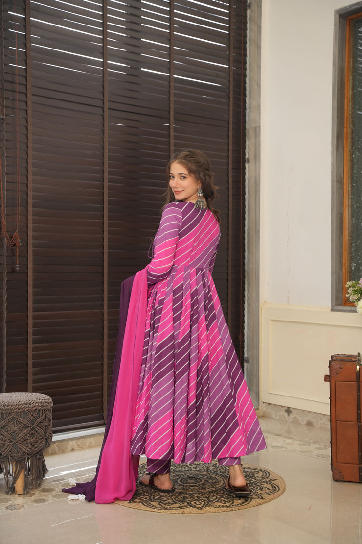 Cross Striped Double Coloured Leheriya Suit Set