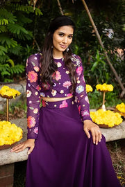 Purple Floral Embroidered Crop - top With Plain Skirt