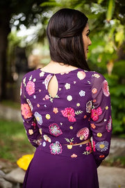 Purple Floral Embroidered Crop - top With Plain Skirt