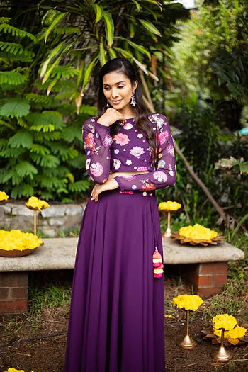 Purple Floral Embroidered Crop - top With Plain Skirt