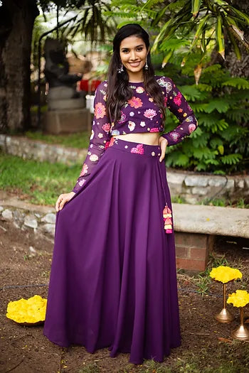 Purple Floral Embroidered Crop - top With Plain Skirt