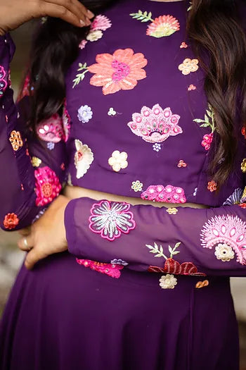 Purple Floral Embroidered Crop - top With Plain Skirt