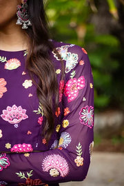 Purple Floral Embroidered Crop - top With Plain Skirt