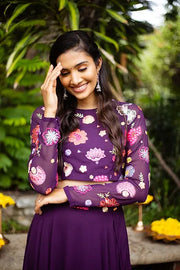 Purple Floral Embroidered Crop - top With Plain Skirt