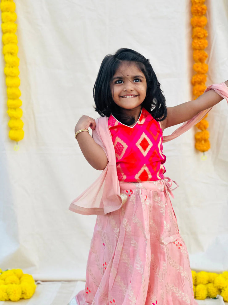 pink and peach gold leaf chanderi