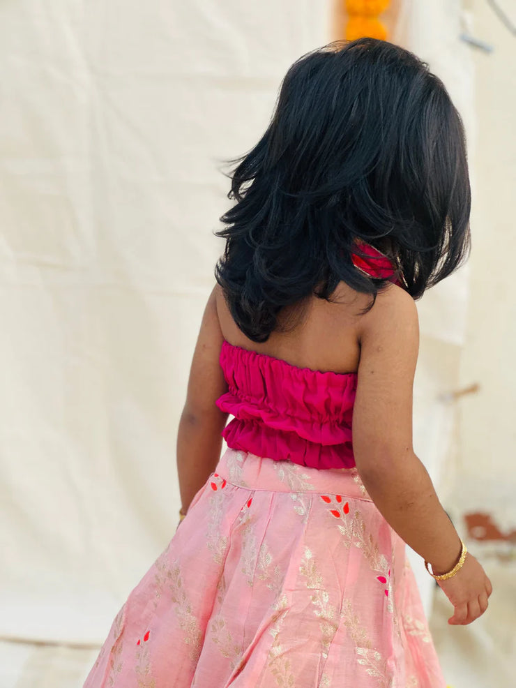 pink and peach gold leaf chanderi
