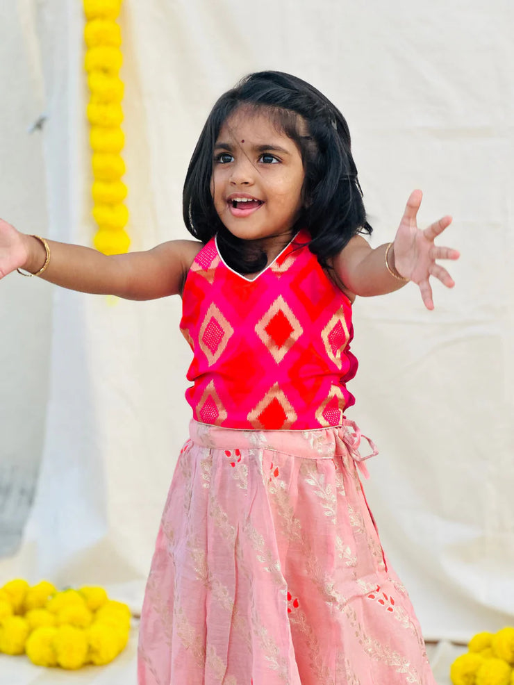 pink and peach gold leaf chanderi