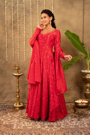 Red Chinon Dress With Gold Embroidery