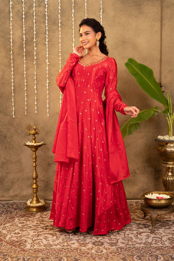 Red Chinon Dress With Gold Embroidery