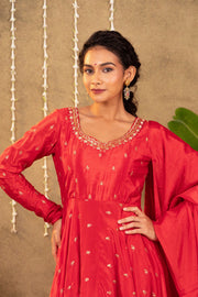 Red Chinon Dress With Gold Embroidery