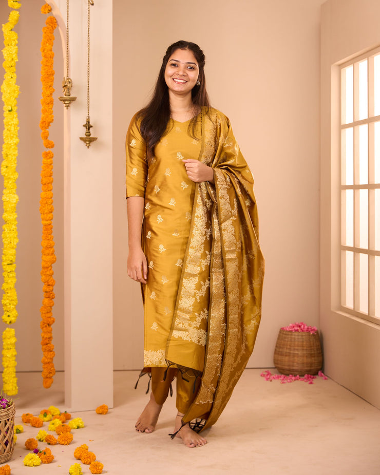 Samanthi Mustard Semi Banarasi Suit Set