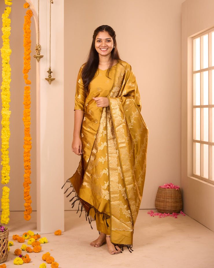 Samanthi Mustard Semi Banarasi Suit Set