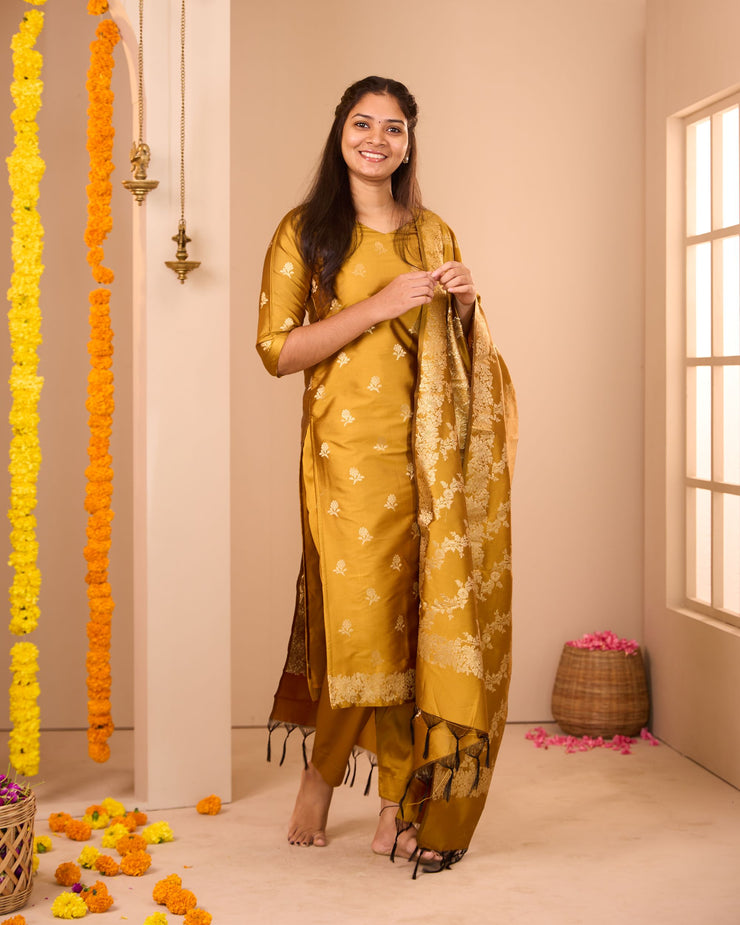 Samanthi Mustard Semi Banarasi Suit Set