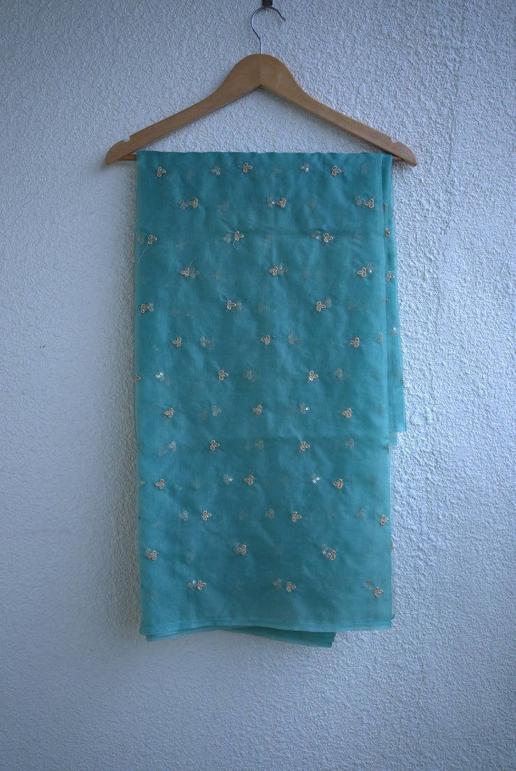 Teal Blue Organza Saree With Chamki Work