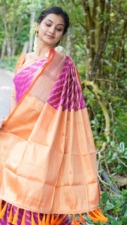 Pink Banarasi Saree With Orange Combination