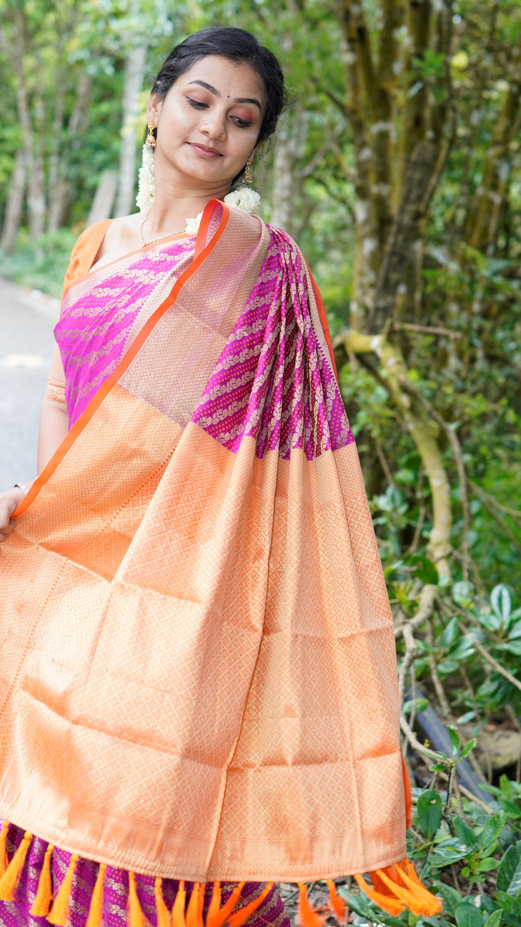 Pink Banarasi Saree With Orange Combination