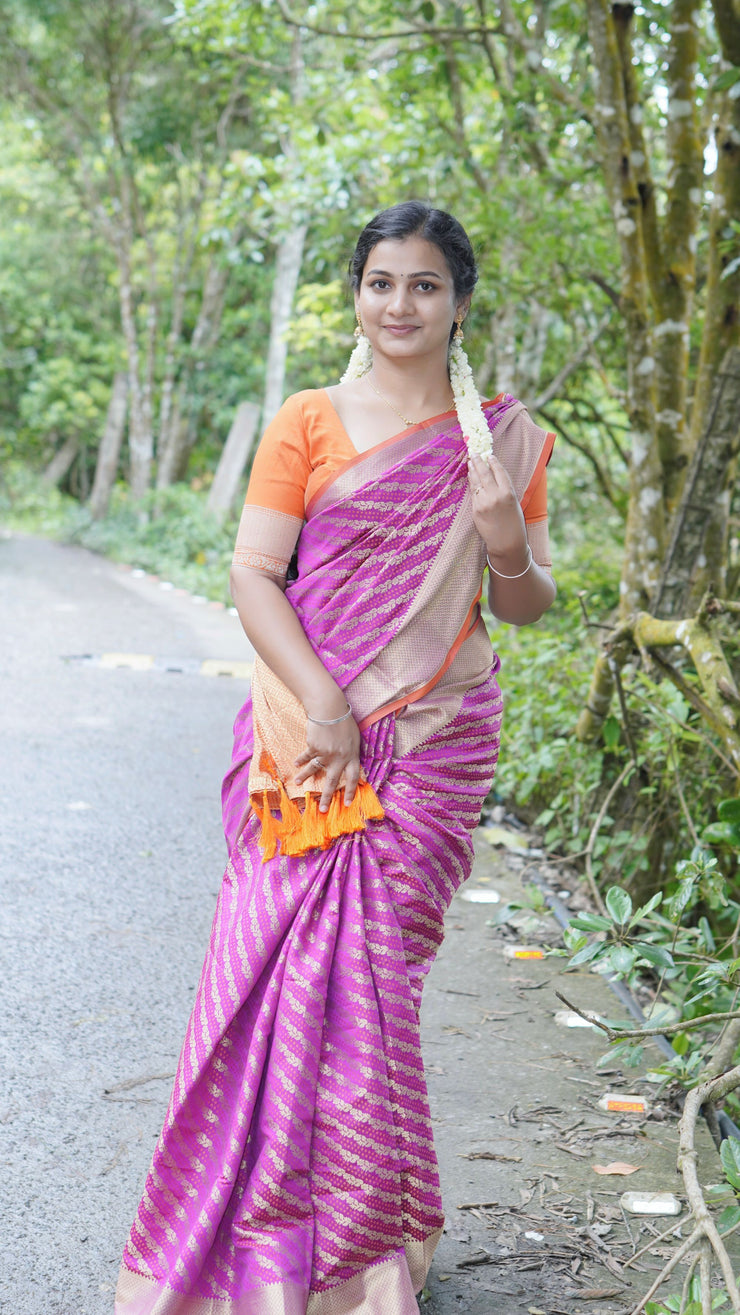 Pink Banarasi Saree With Orange Combination