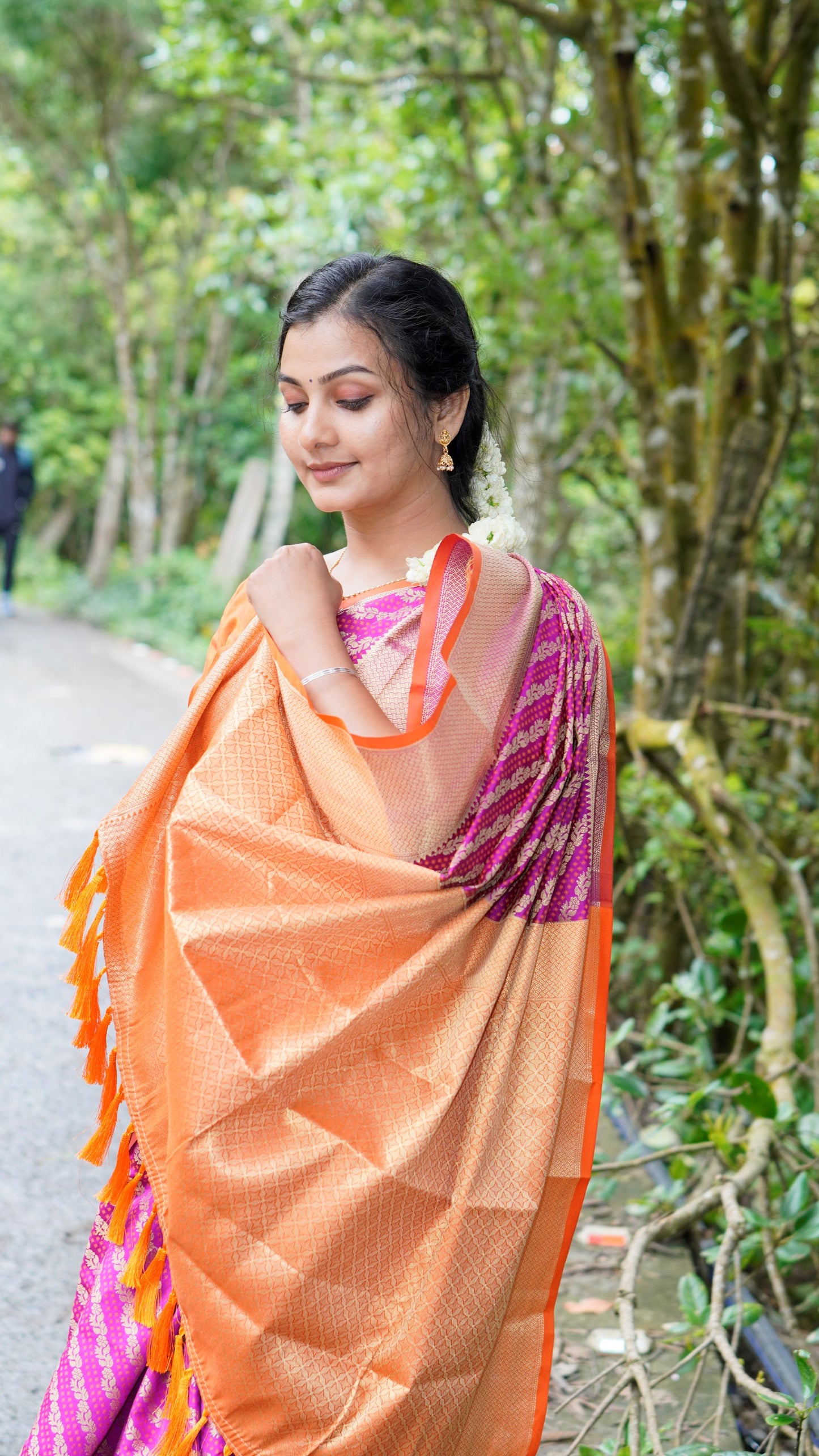 Pink Banarasi Saree With Orange Combination