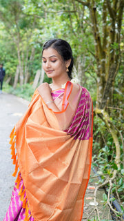 Pink Banarasi Saree With Orange Combination