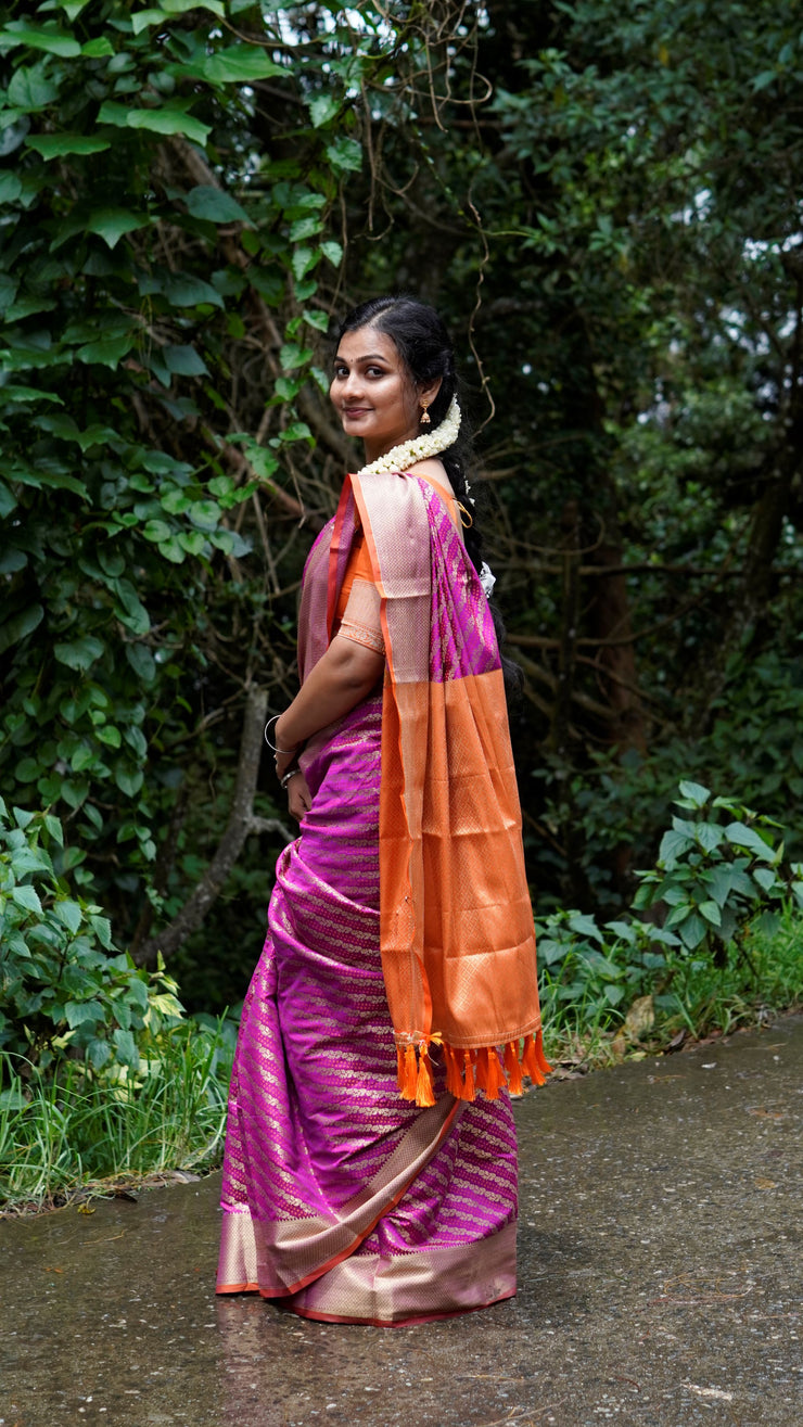 Pink Banarasi Saree With Orange Combination