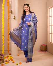 Sharmika Blue Semi Banarasi Suit Set