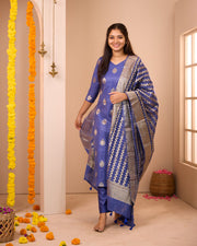 Sharmika Blue Semi Banarasi Suit Set