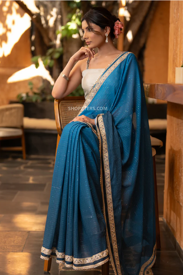 Stylish Teal Ombre Saree with All-Over Sequins and Pearl Lace Accents