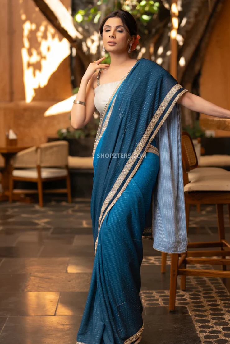 Stylish Teal Ombre Saree with All-Over Sequins and Pearl Lace Accents