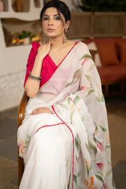 Stylish White Organza Saree with Floral Brush Painting and Minimal Hand Embroidery