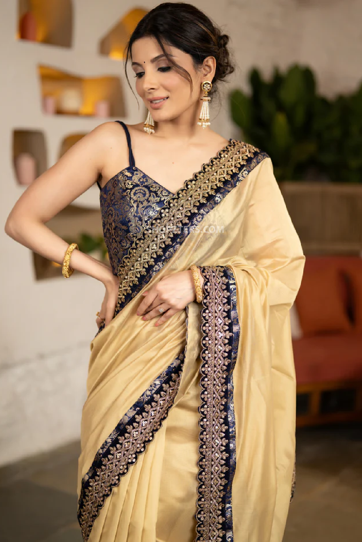 Stunning Golden Chanderi Saree with Contrasting Lace and Matching Banarasi Accents