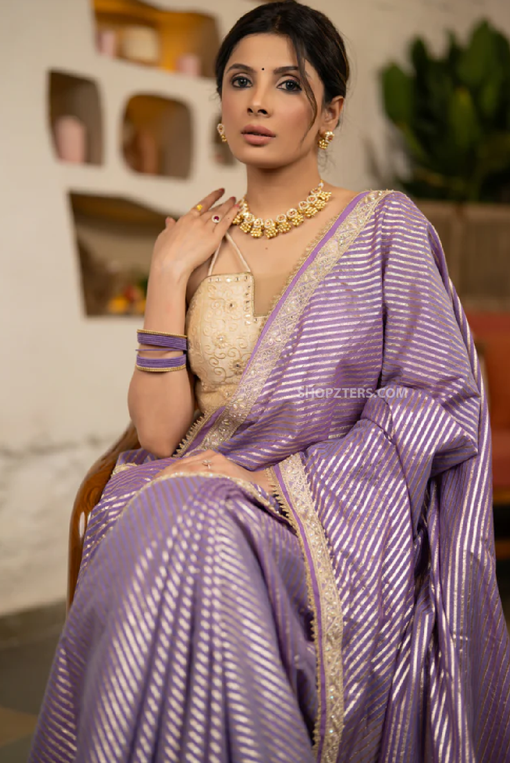 Elegant Lilac Striped Banarasi Saree with Pearl Lace Detailing