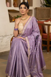 Elegant Lilac Striped Banarasi Saree with Pearl Lace Detailing