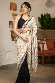 Graceful Light Beige Cotton Silk Saree with Black Georgette, Floral Embroidery, and Contrasting Lace