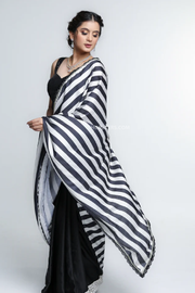Luxurious Black Satin Saree with Black and White Pallu and Border Lace Detail