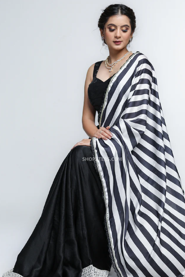 Luxurious Black Satin Saree with Black and White Pallu and Border Lace Detail