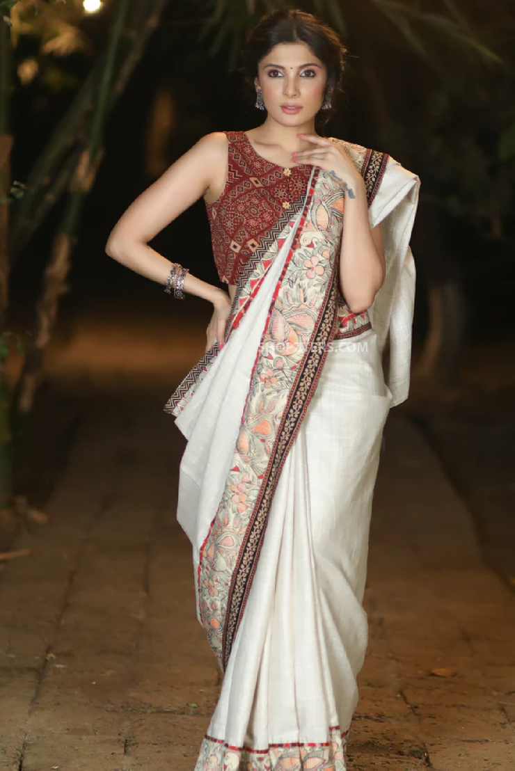 Sophisticated Cream Cotton Blend Saree with Handpainted Madhubani Border and Ajrakh Detailing