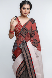 Chic Black Striped Cotton Saree with Patchwork and Cream Pallu