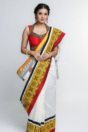 Chic White Chanderi Saree with Mustard Ajrakh Border and Gond Painting Detail