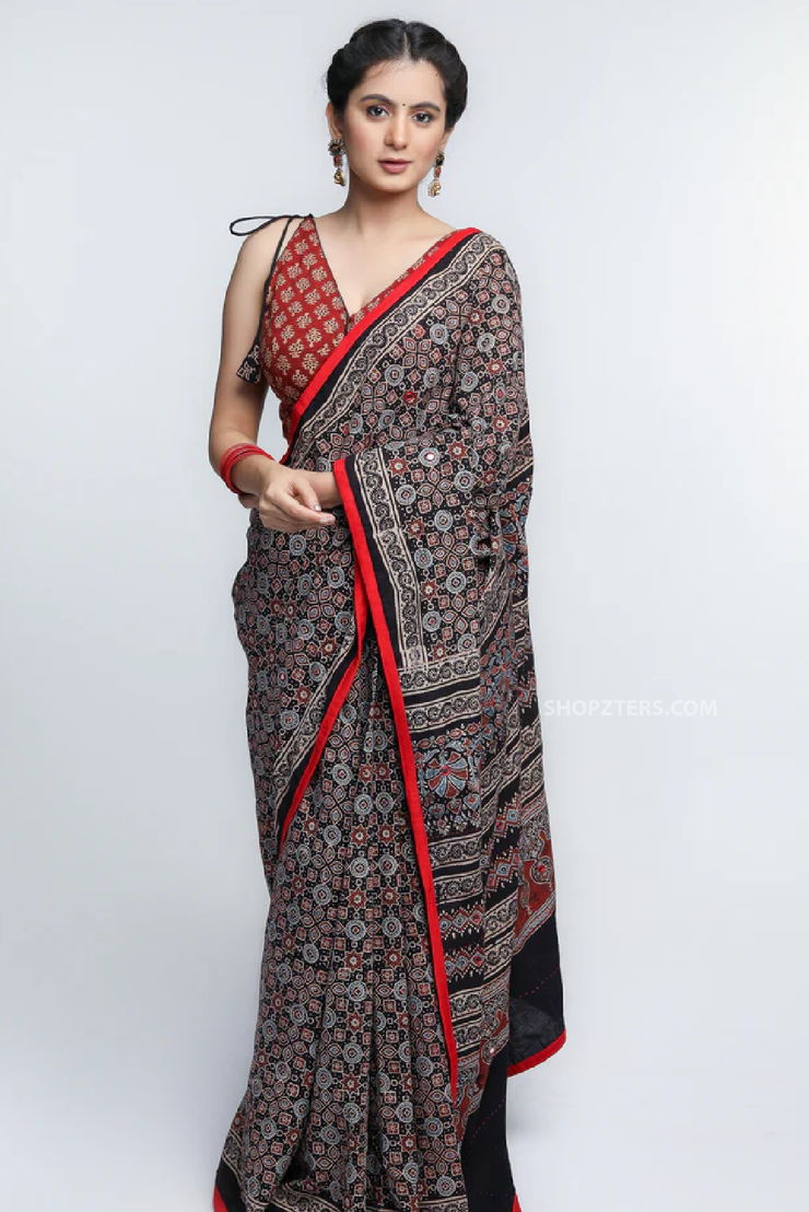 Stunning Black Ajrakh Cotton Saree with Red Border