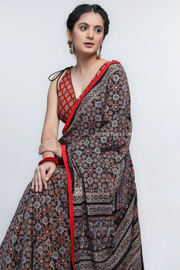 Stunning Black Ajrakh Cotton Saree with Red Border
