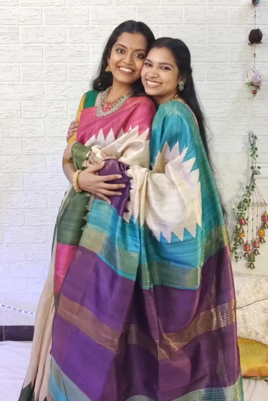 Off White Semi Tussar Saree with Temple Border