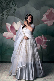 Off-White Chikankari Long Organza Dress with Net Dupatta