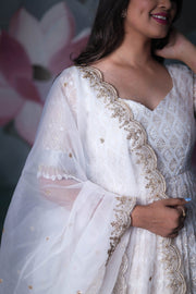 Off-White Chikankari Long Organza Dress with Net Dupatta