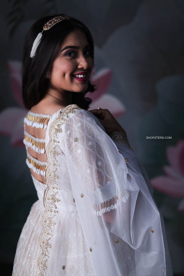 Off-White Chikankari Long Organza Dress with Net Dupatta