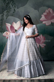 Off-White Chikankari Long Organza Dress with Net Dupatta